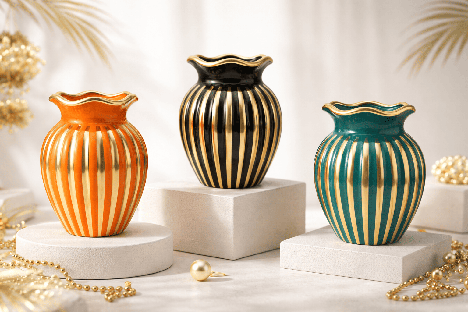 Luxe Gold-Ribbed Ceramic Stripe Vase